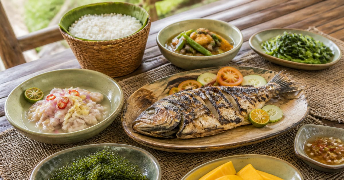 Boholano meal with kinilaw, grilled fish, rice, local greens, calamansi, and mango