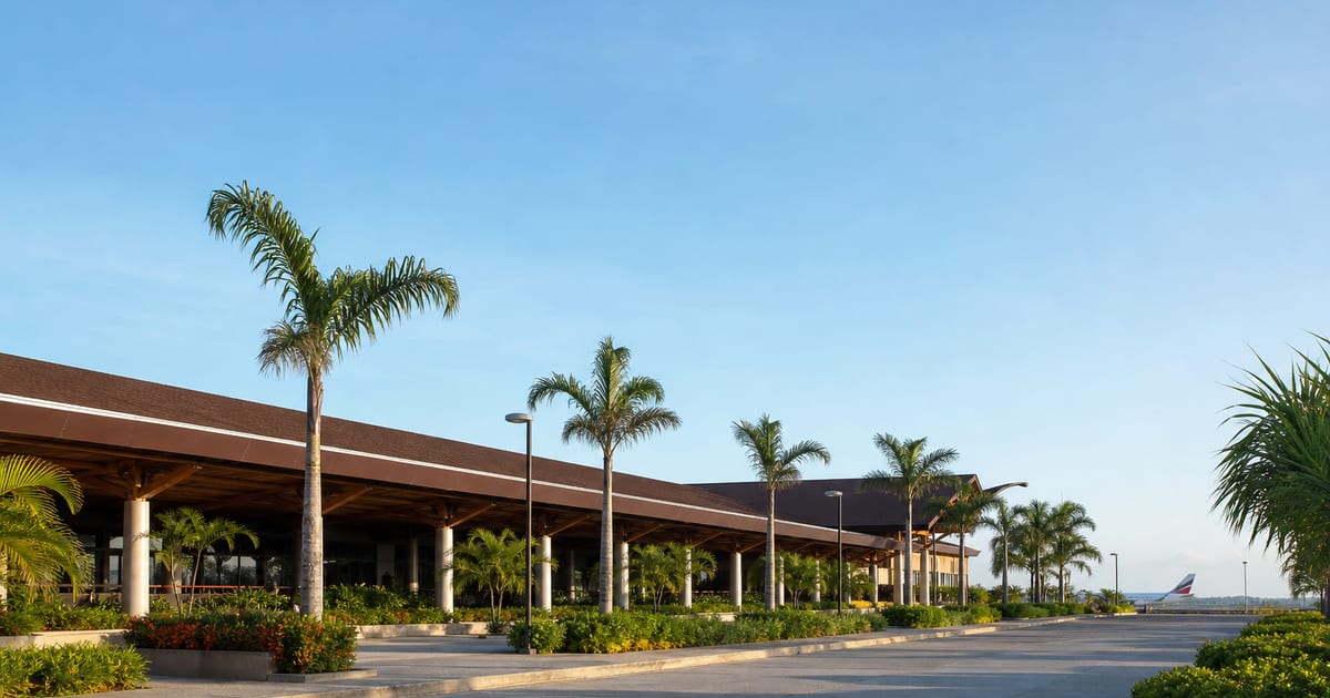 Low tropical terminal and landscaped approach at Bohol-Panglao International Airport